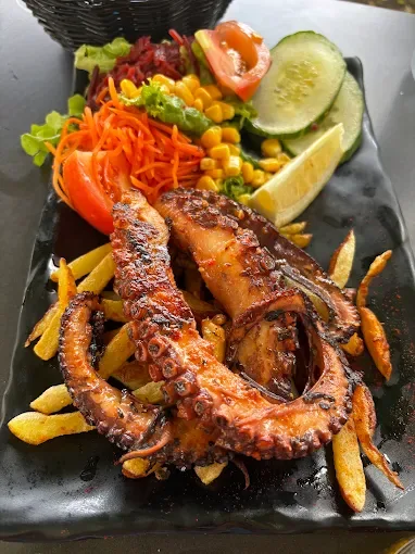 Pulpo al grill con papas y ensalada de la casa
